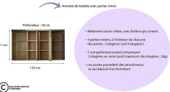 BAY - Meuble salle de bain mélaminé. Armoire de toilette avec miroir. L - H - P : 123 - 71 - 18 cm