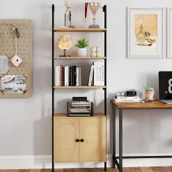 Bibliotheque avec 4 Niveaux d'Étagères Ouvertes en Bois,avec Cadre Métallique et Armoire 2 Niveaux, pour Salon, Chambre, Cuisine