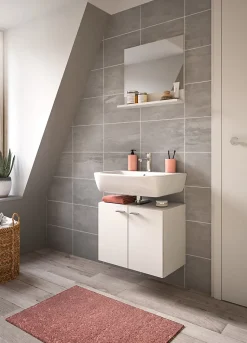 Boston - Meuble sous lavabo et miroir (L/H/P : 57x44x33 cm) en mélaminé blanc, vasque non incluse