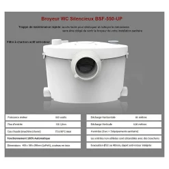 Broyeur wc adaptable silencieux 550 watts, Broyeur sanitaire BSF-550-UP salle de bain WC, Trappe de maintenance rapide, marque BSF