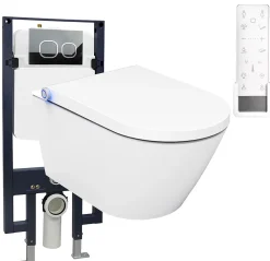 Bâti-support Toilettes Japonais céramique, WC lavant japonais + télécommande - 38,4x59,3x38cm - PRO+ 1102 - Plaque verre blanc