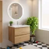 B-Way 59x50x45 cm meuble de salle de bain suspendu 2 tiroirs avec lavabo en marbre coulé, chêne mat (BWAY260OAKU)