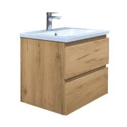B-Way 59x50x45 cm meuble de salle de bain suspendu 2 tiroirs avec lavabo en marbre coulé, chêne mat (BWAY260OAKU)