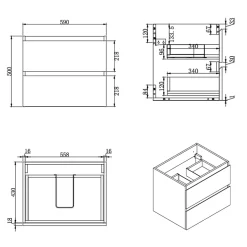B-Way 59x50x45 cm meuble de salle de bain suspendu 2 tiroirs avec lavabo en marbre coulé, chêne mat (BWAY260OAKU)
