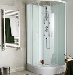 Cabine de douche 1/4 de cercle l.85 x L.85 x H.225 cm – hydromassante, blanc, montage rapide, GoodHome Onega
