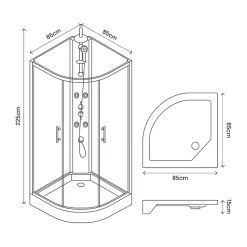 Cabine de douche 1/4 de cercle l.85 x L.85 x H.225 cm – hydromassante, blanc, montage rapide, GoodHome Onega