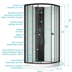 Cabine de douche 1/4 de cercle 85x85x200 cm - Portes coulissantes - Fonds Blancs & Profilés Noir Mat