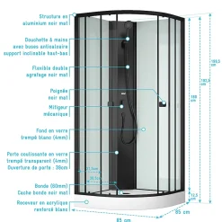 Cabine de douche 1/4 de cercle 85x85x200 cm - Portes coulissantes - Fonds Blancs & Profilés Noir Mat