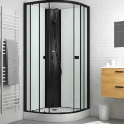Cabine de douche 1/4 de cercle 85x85x200 cm - Portes coulissantes - Fonds Blancs & Profilés Noir Mat