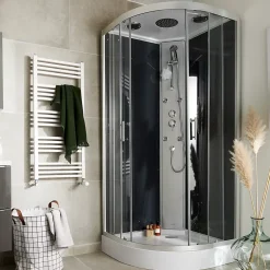 Cabine de douche 1/4 de cercle l.90 x L.90 x H.215 cm – hydromassante, gris anthracite, profilés chromés, montage rapide, GoodHome Onega