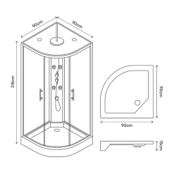 Cabine de douche 1/4 de cercle l.90 x L.90 x H.215 cm – hydromassante, gris anthracite, profilés chromés, montage rapide, GoodHome Onega