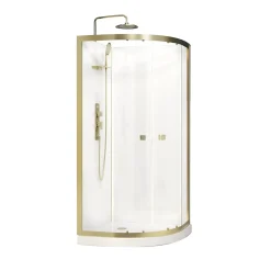 Cabine de douche 1/4 de cercle l.90 x L.90 x H.200 cm – fond blanc et profilés doré brossé, porte coulissante, Galedo Cabine Dorée