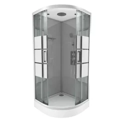 Cabine de douche 1/4 de cercle l.90 x L.90 x H.215 cm – structure effet chrome, fond gris, sérigraphie 3 bandes, Galedo River 2 Round