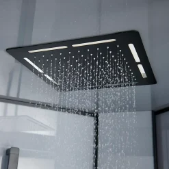 Cabine de douche 1/4 de cercle l.90 x L.90 x H.220 cm – hydromassante, fond gris profilés noirs, traitement anticalcaire, GoodHome Beloya