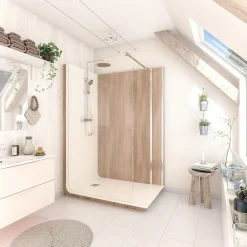 Cabine de douche à l’italienne l.90 x L.140 x H.218 cm – effet bois, receveur de plain-pied, Elmer Serenity