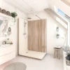 Cabine de douche à l’italienne l.80 x L.140 x H.218 cm – effet bois, receveur de plain-pied, Elmer Serenity