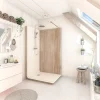 Cabine de douche à l’italienne l.80 x L.120 x H.218 cm – effet bois, receveur de plain-pied, Elmer Serenity