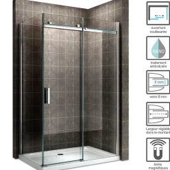 Cabine de douche ALIXA H.200 cm porte coulissante en verre 8 mm transparent 85 x 150 cm (porte 150) - Saniverre