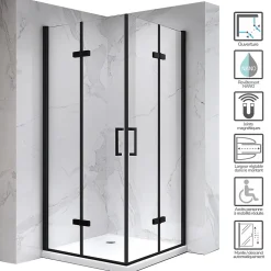 Cabine de douche ATÉA-BLACK H.180 cm, 70 x 70 cm, 2 portes pliantes et pivotantes, verre transparent 6 mm - Saniverre