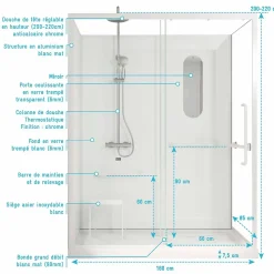 Cabine de douche blanche sécurisée et accessible à tous 160x85x220cm - Mitigeur Thermostatique