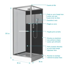 Cabine de Douche Carrée 90x90cm Porte Pivotante - Fond Noir avec bande effet miroir - SQUARE STRIPE