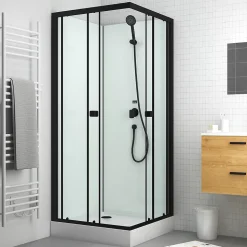 Cabine de douche carrée 80x80x200 cm - Portes coulissantes - Fonds Blancs & Profilés Noir Mat