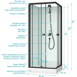 Cabine de douche carrée 80x80x200 cm - Portes coulissantes - Fonds Blancs & Profilés Noir Mat