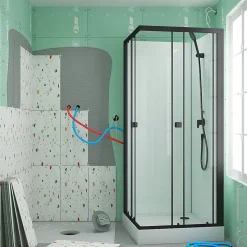 Cabine de douche carrée 80x80x200 cm - Portes coulissantes - Fonds Blancs & Profilés Noir Mat