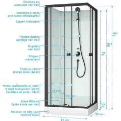 Cabine de douche carrée 80x80x200 cm - Portes coulissantes - Fonds Blancs & Profilés Noir Mat