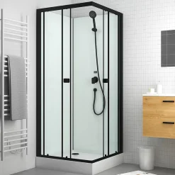 Cabine de douche carrée 80x80x200 cm - Portes coulissantes - Fonds Blancs & Profilés Noir Mat