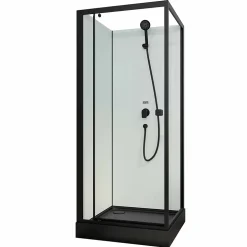 Cabine de douche carrée 80x80x200cm - Porte pivotante - Fonds Blancs - Receveur et Profilés Noirs