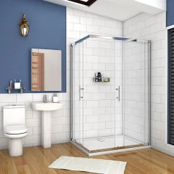 Cabine de douche coulissante - Verre anticalcaire 6 mm - Accès par angle - Poignée en acier inox chromé - 70x70x195 cm
