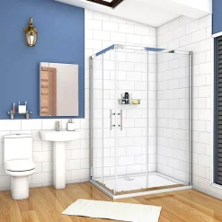 Cabine de douche coulissante - Verre anticalcaire 6 mm - Accès par angle - Poignée en acier inox chromé - 100x80x195 cm