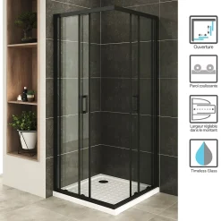 Cabine De Douche H180 80x100cm - Verre Transparent Portes Coulissantes Lanablack+ (sans Receveur) - Saniverre