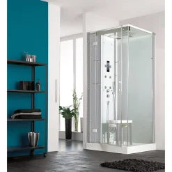 Cabine de douche hydromassante KINEDO HORIZON 90x90 hauteur receveur 12,5cm 1 porte pivotante finition acier