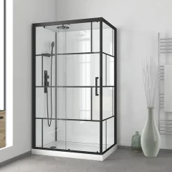 Cabine de douche l.80 x L.110 x H.210 cm – mitigeur mécanique, blanc et noir effet verrière, Galedo Graphic