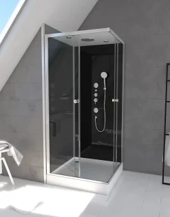 Cabine de douche l.90 x L.90 x H.215 cm – hydromassante, fond noir verre trempé, profilés chromés, tablette, Galedo Black 2