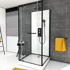 Cabine de douche l.80 x L.80 x H.230 cm – fond effet métro, douchette anticalcaire, style noir & blanc, Galedo Metro