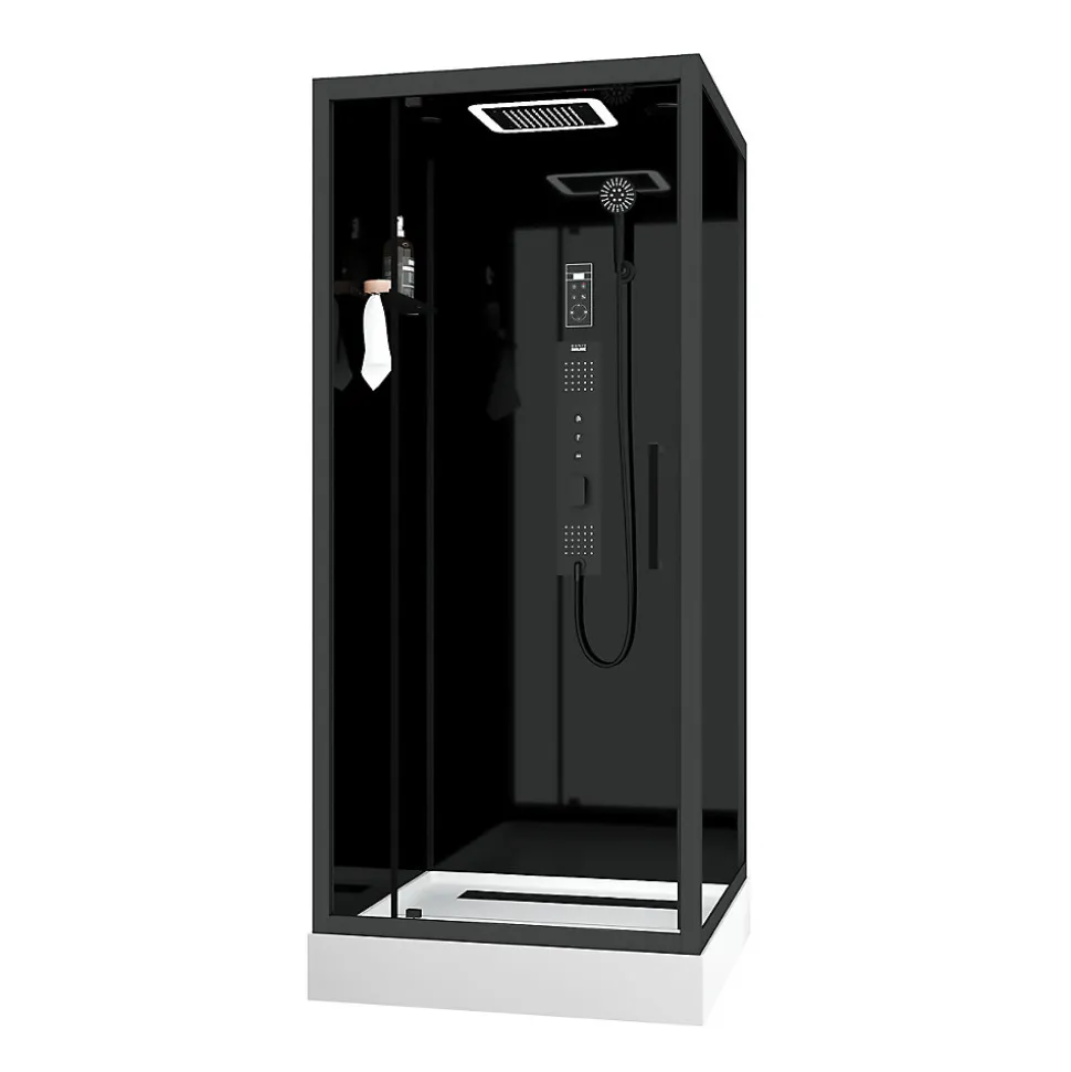 Cabine de douche l.90 x L.90 x H.218 cm – hydromassante connectée, Bluetooth, noir & blanc, Galedo Aura Square