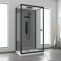 Cabine de douche L.110 x l.80 x H.207,5 cm – hydromassante multijets, receveur bas, bouton push, Galedo Trendy Grey