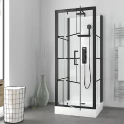 Cabine de douche l.80 x L.80 x H.213 cm – sérigraphie graphic, porte pivotante, design noir & blanc effet verrière, Galedo Graphic