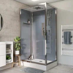 Cabine de douche l.90 x L.110 x H.220 cm – hydromassante, fond gris profilés chromés, GoodHome Beloya