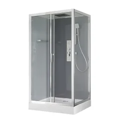 Cabine de douche l.90 x L.110 x H.220 cm – hydromassante, fond gris profilés chromés, GoodHome Beloya