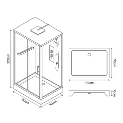 Cabine de douche l.90 x L.110 x H.220 cm – hydromassante, fond gris profilés chromés, GoodHome Beloya