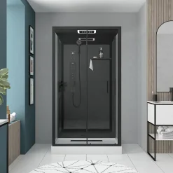 Cabine de douche l.115 x L.90 x H.220 cm – hydromassante connectée, Bluetooth, noir & blanc, plafond lumineux, Galedo Aura