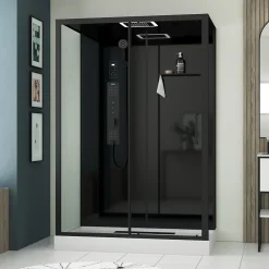 Cabine de douche l.85 x L.140 x H.218 cm – XXL, hydromassante connectée, Bluetooth, noir & blanc, Galedo Aura