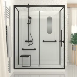 Cabine de douche l.85 x L.160 x H.200 cm – colonne thermostatique, noir & blanc, siège, large ouverture, Galedo Access 2