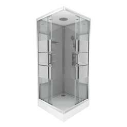 Cabine de douche l.90 x L.90 x H.215 cm – structure effet chrome, fond gris, sérigraphie 3 bandes, Galedo River 2 Square