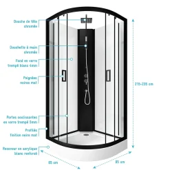 Cabine de douche LIFT UP BLACK 1/4 de cercle 85x85x235cm