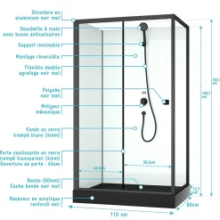 Cabine de douche rectangulaire 110x80x197 cm - Porte coulissante - Receveur Noir Mat